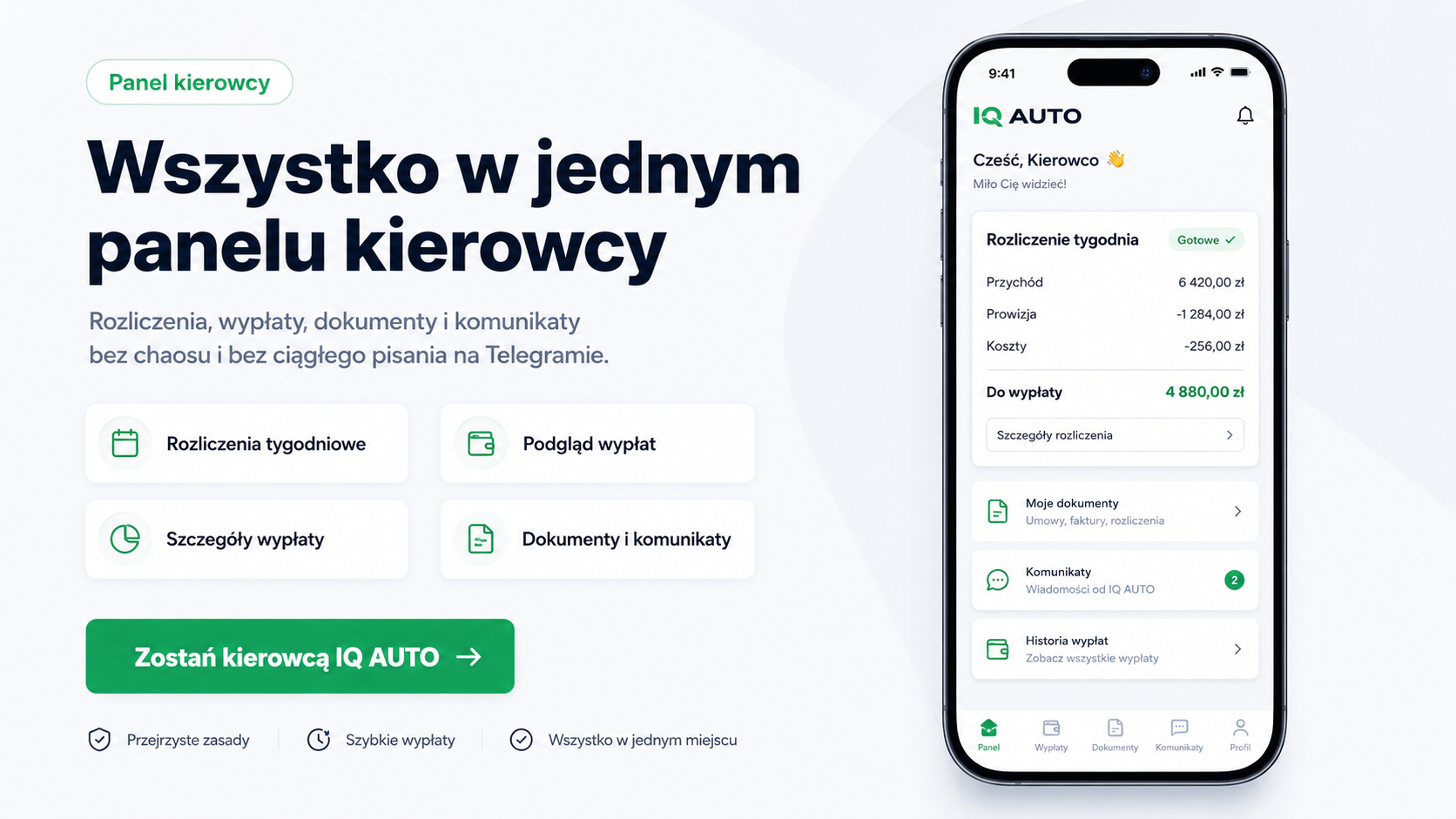 Widok panelu kierowcy IQ AUTO na telefonie